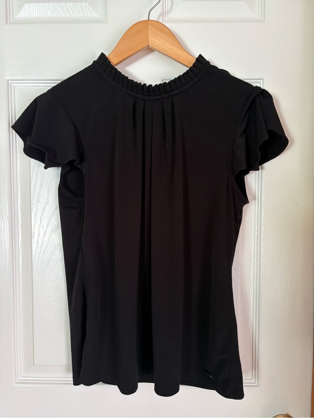 Calvin Klein Black Pleated Ruffle Neck Flutter Sleeve Blouse Size M